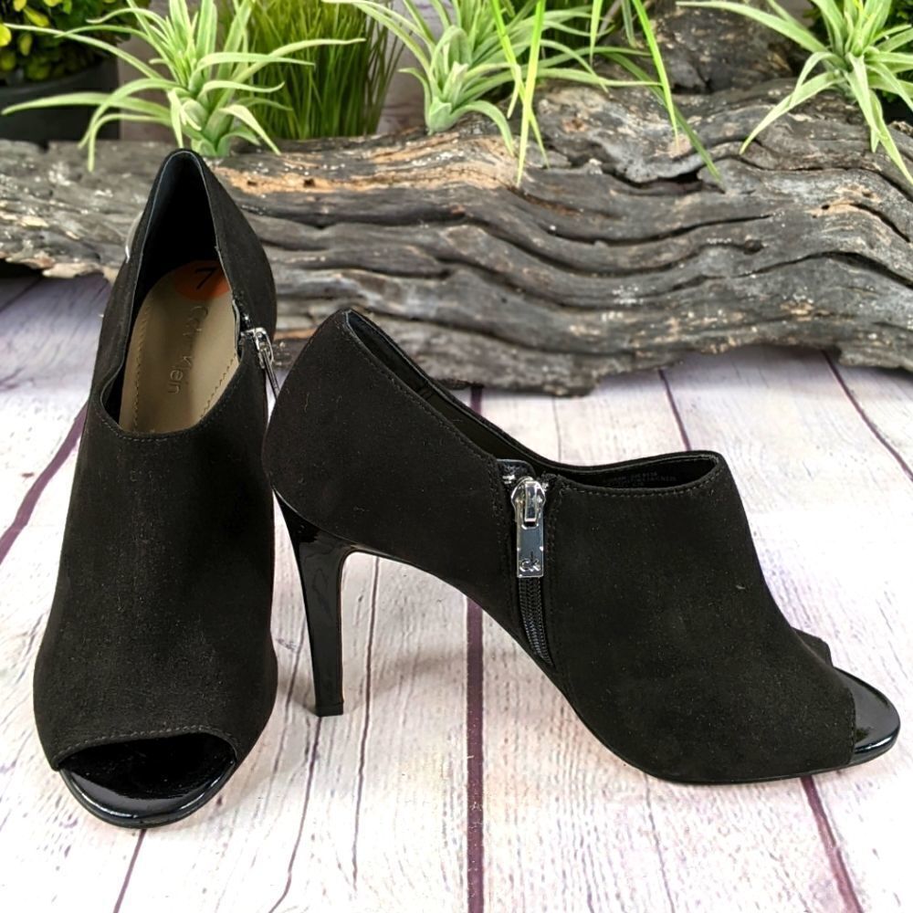CALVIN KLEIN Sioban Womens Black Suede Leather Zip Ankle Booties Stiletto Heels